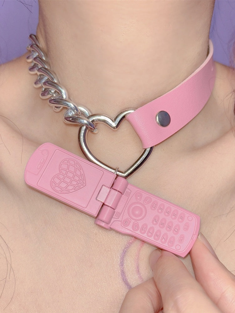 PU Pink/Silver Phone Y2K Pendant Choker