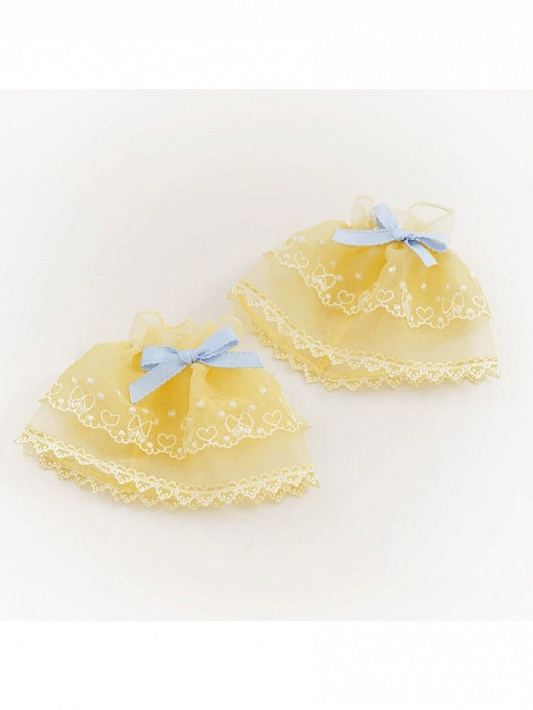 Yellow Lace Trim Wrist Cuffs with Blue Bow Decoration - Badoni B DOLLY Original Design