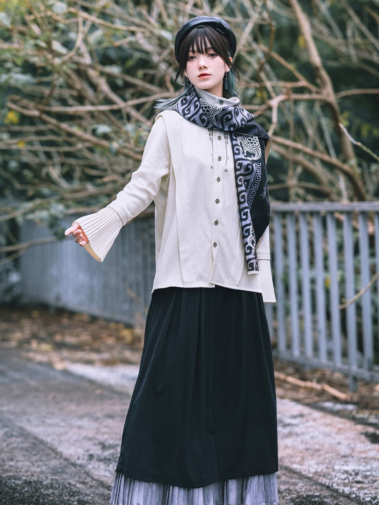 Gothic Sleeve Embroidery Cheongsam Convertible Pleated Collar Bell with White Bronze Regular/Thicken Blouse