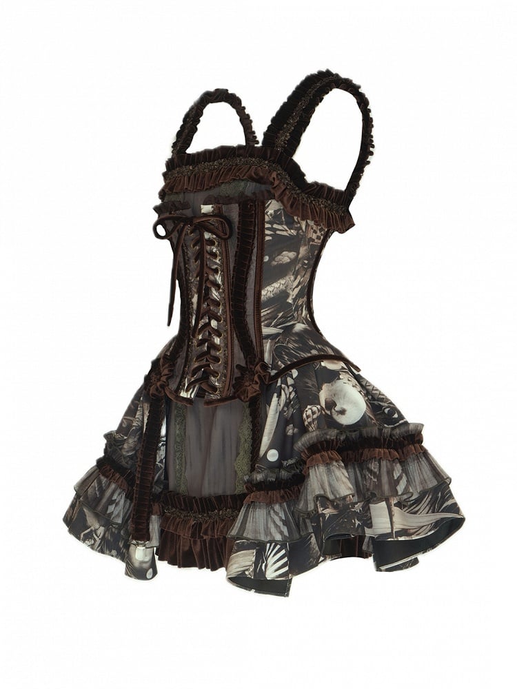 Pearl Boned Brown Gothic Shell Print with Short Ruffles Corset Lolita Dress and