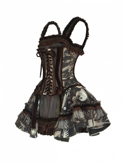 Pearl Boned Brown Gothic Shell Print with Short Ruffles Corset Lolita Dress and