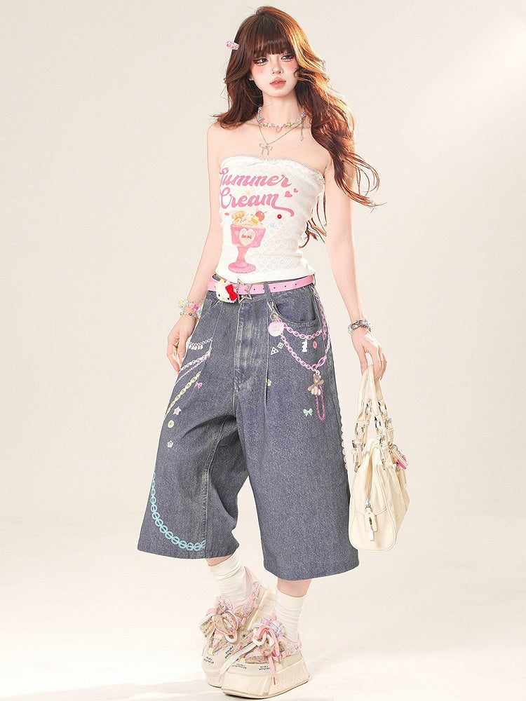 Print Cut Letter Wide-leg Y2K Button Chain Jeans Blue And