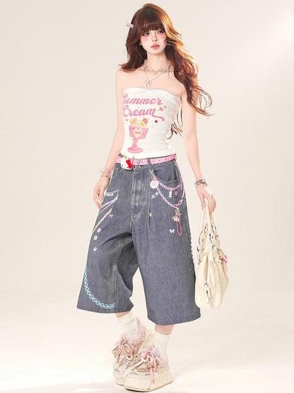 Print Cut Letter Wide-leg Y2K Button Chain Jeans Blue And