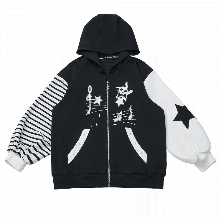 and Zipper Star Zip-Up Black Graffiti with Hoodie Applique Y2K