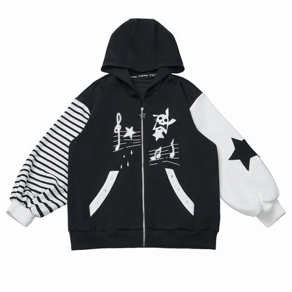 and Zipper Star Zip-Up Black Graffiti with Hoodie Applique Y2K
