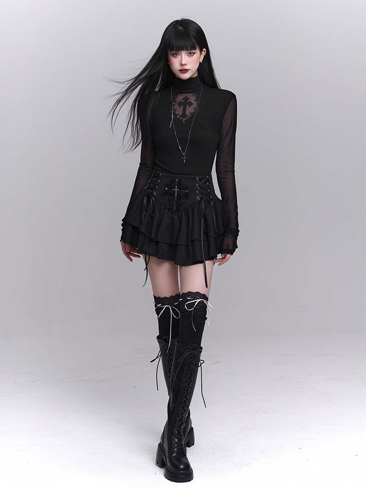 Sleeves Black Mock Neck Coffin-shaped Cutout Cross Applique Mesh