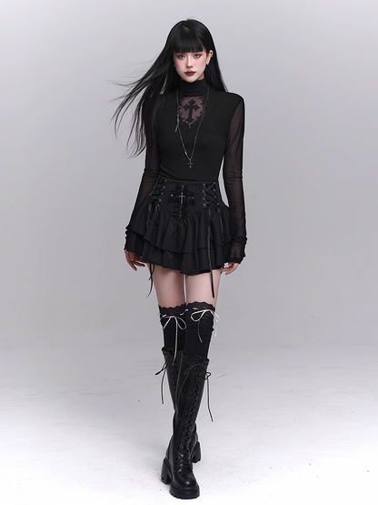 Sleeves Black Mock Neck Coffin-shaped Cutout Cross Applique Mesh