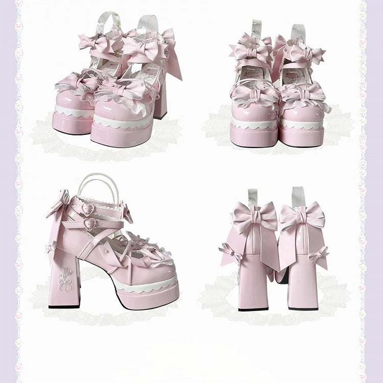 Janes High Pink Striped Block Bow Sweet PU Platform Lolita Heel Mary 10.5cm -