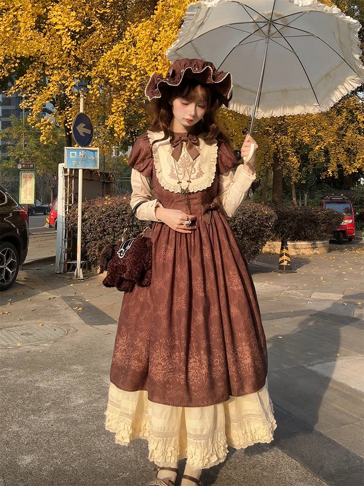 Bodice Lolita Long and Classic Floral Brown One Piece Embroidery Version Bowknot