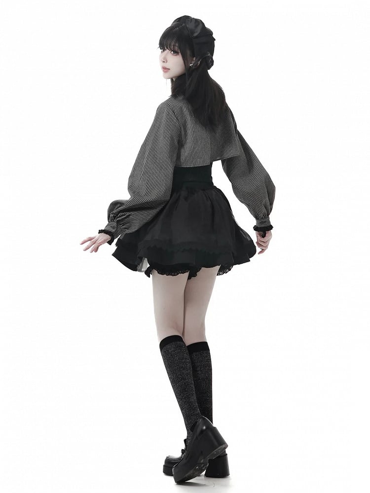 Gray Gothic Cross Black Oversized Shirt Collar Two-Piece Faux Dark Details Stripe Lace and Cuffs with |