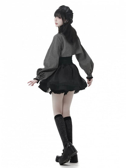 Gray Gothic Cross Black Oversized Shirt Collar Two-Piece Faux Dark Details Stripe Lace and Cuffs with |