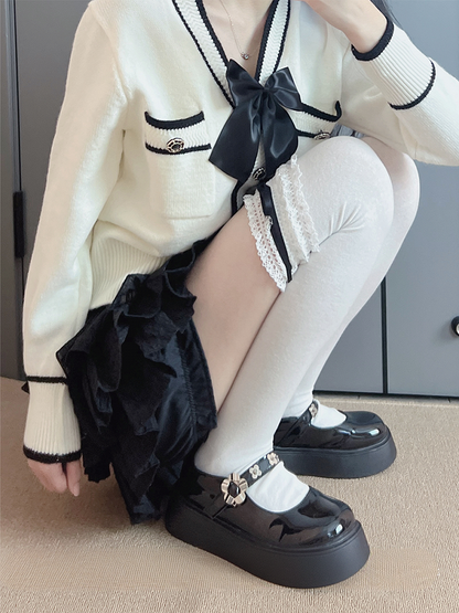 Milk White/Red/Black Bowknot Sweet Lace Trim Overknee Stockings