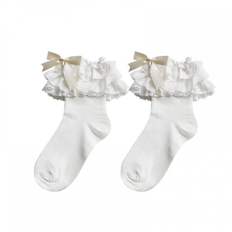 Bow 3 Cotton Ruffle Lace Multi-Layer Colors Lolita Socks
