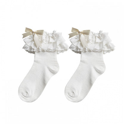 Bow 3 Cotton Ruffle Lace Multi-Layer Colors Lolita Socks