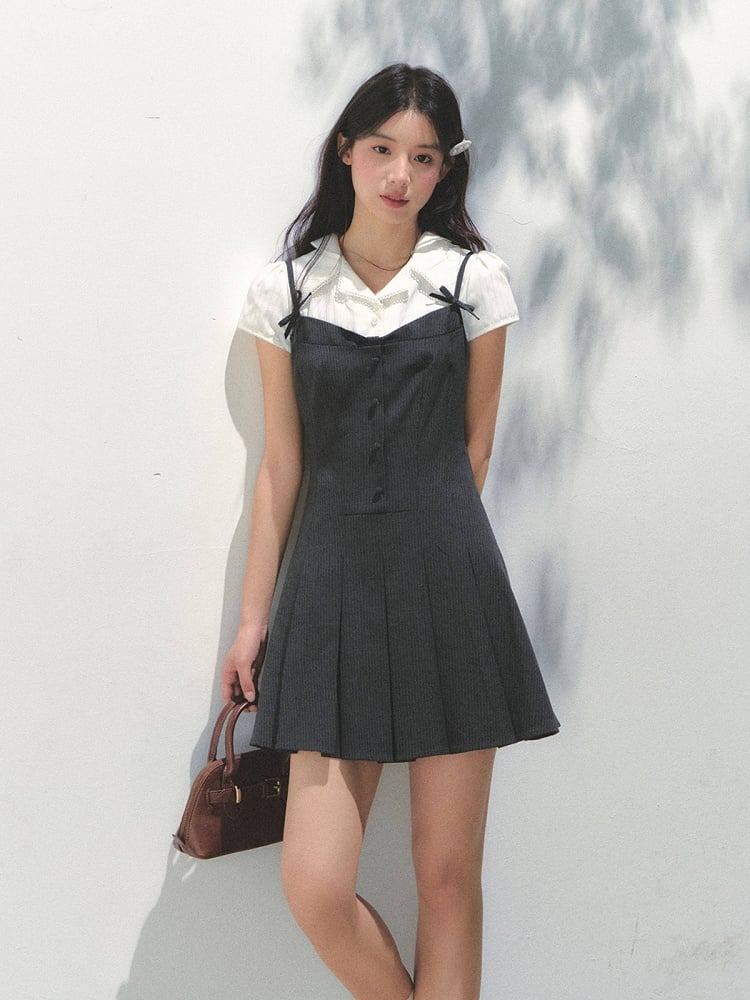 Dark Dress Elegant Bow Gray Details with Fake Two-Piece