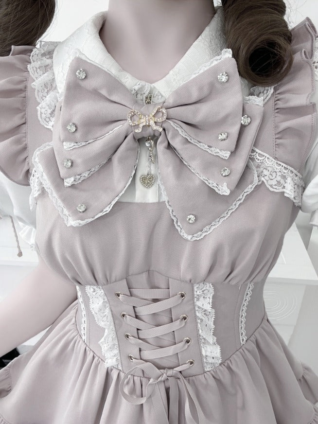 Pink and White Ryousangata Two-Piece Set with Lace and Ruffle - GingaU