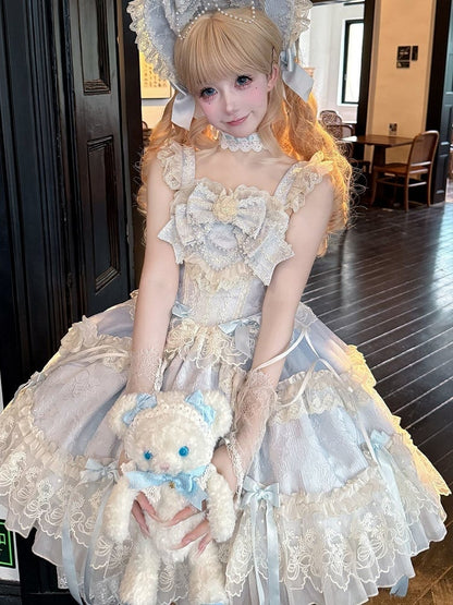 Lolita Kleid Pullover Stoff Jacquard Schleife Rock Süße blaue Akzente