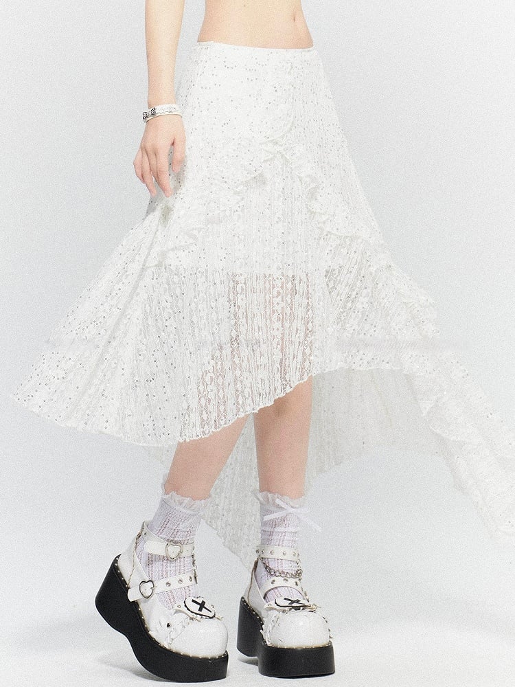 White Hem Skirt with Lace Tiered Sequin Details Asymmetric