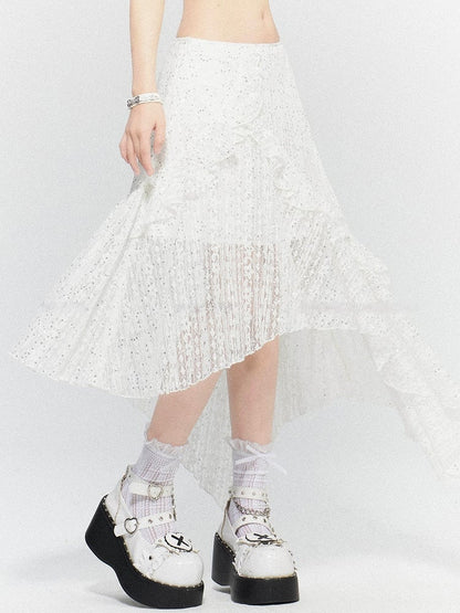 White Hem Skirt with Lace Tiered Sequin Details Asymmetric