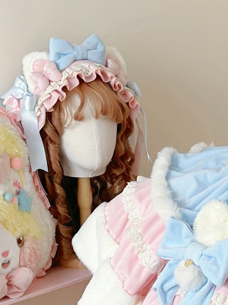 Kitty Pink Hairband Lolita Blue Plush Ears and Bowknots Sweet