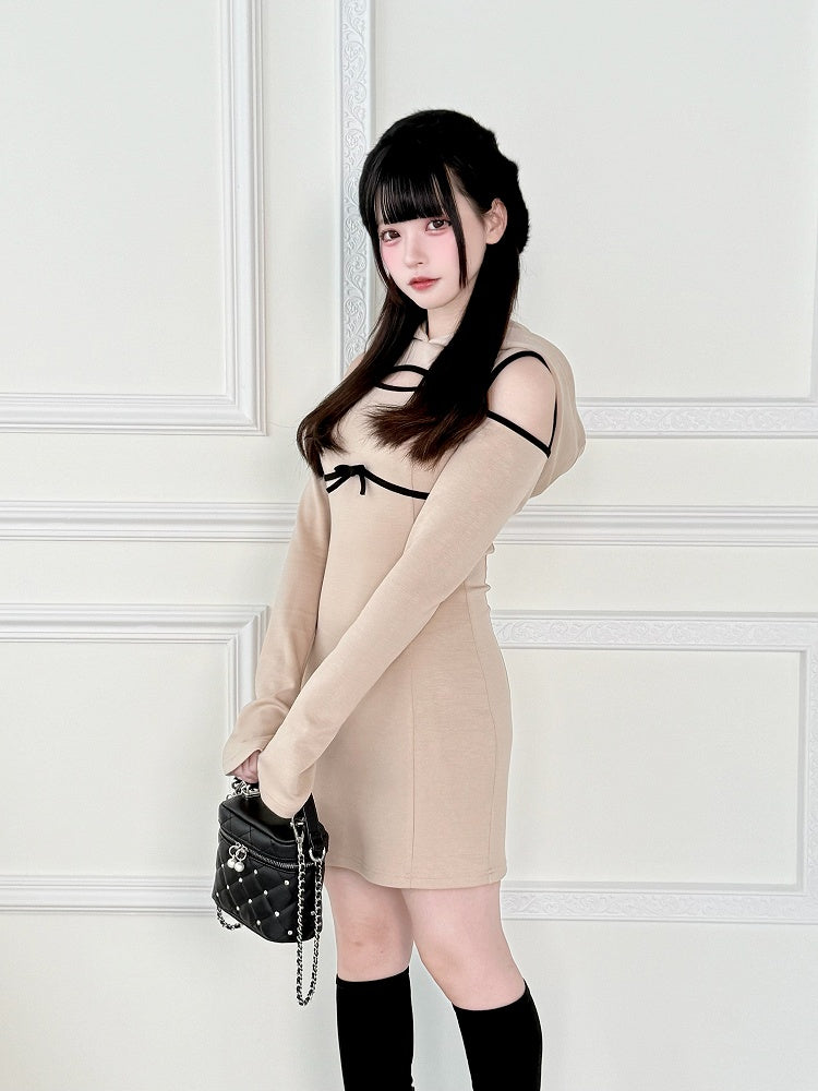 Chest Shoulder Jirai Cutouts with Khaki Style Dress Innocent Kei Clean Hoodie - and