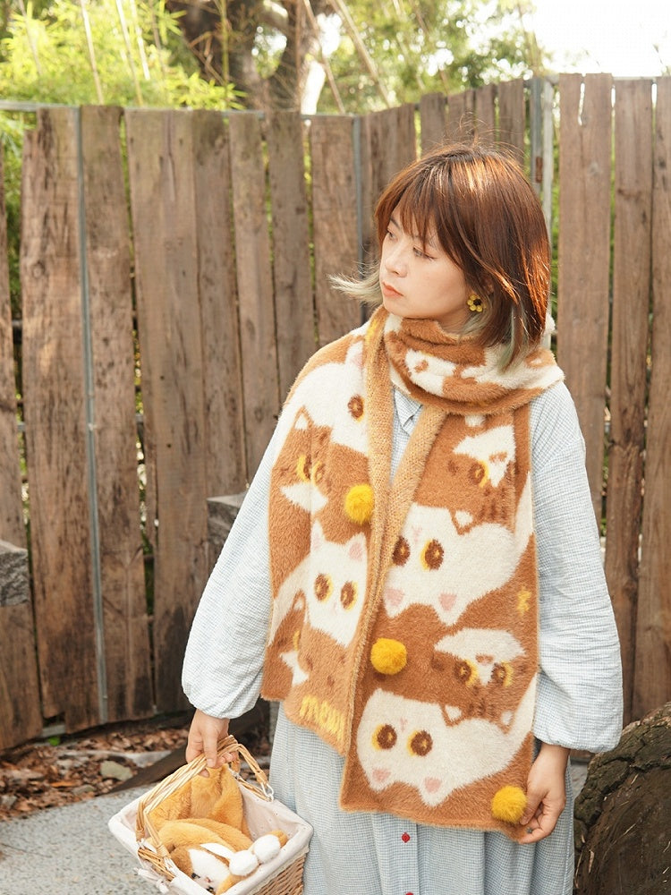 Cute Kitty Pattern Brown Knit Scarf