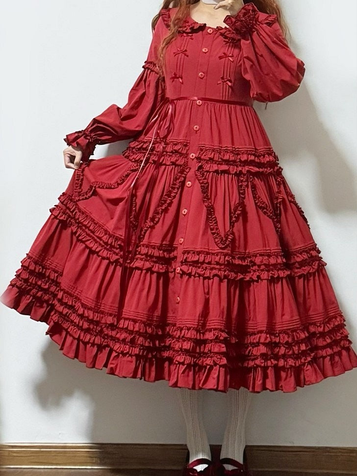 Detail Ruffle Red Elegant Sleeves with Button-Front Dress Tiered Long Lolita