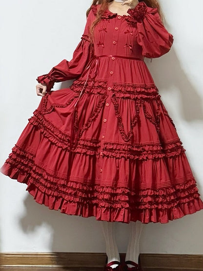 Detail Ruffle Red Elegant Sleeves with Button-Front Dress Tiered Long Lolita