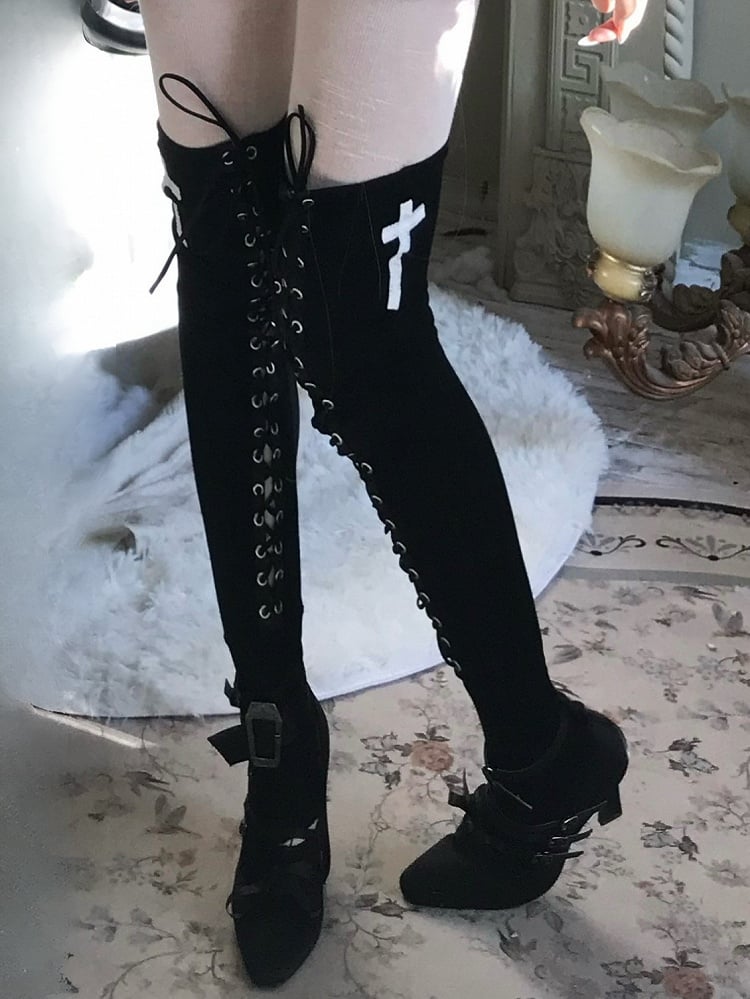 Ornate Stockings - Black Cross Gothic Lacing High Thigh Crisscross Details