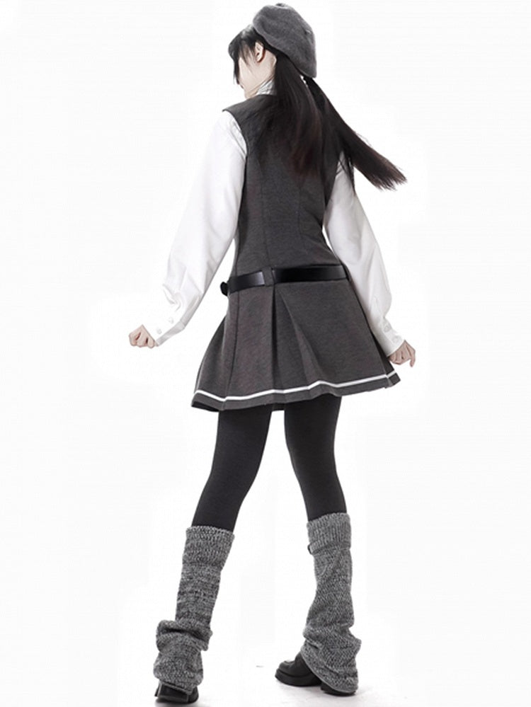 Dark Grey Preppy Sleeveless Above Knee Knitted Dress With A Buckle Belt