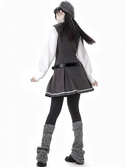 Dark Grey Preppy Sleeveless Above Knee Knitted Dress With A Buckle Belt