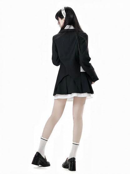 取り外し可能なバタフライクロックブローチ付きブレザー ブラック クロップド カーブヘム プレッピー