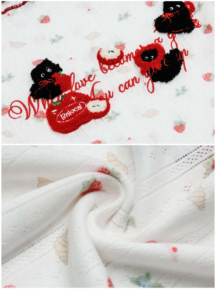 Cherry Adorable Off-Shoulder with White Print Embroidery Top Knit Semi-Sheer