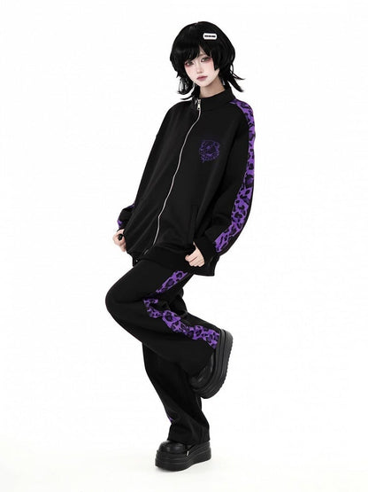 Sporty Jirai Kei Black & Purple Leopard Print Pants - Puzzles