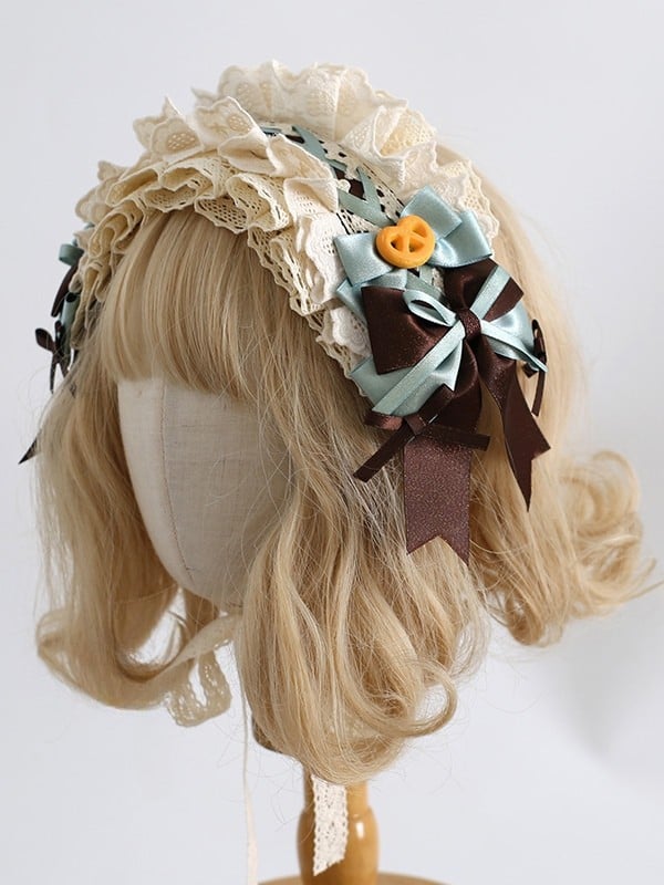 Lolita Haarband verziert Cookie Sweet BlueBrown Rüschendetails Bowknot
