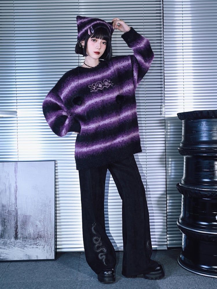 Cheongsam Sweater Gradient Mink Embroidery Faux Purple Animal with Stripes Gothic