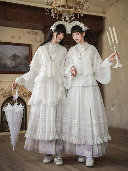 ロングスカート 花柄袖 パープル + ロリータプリント 漢馬顔とライトブラウス ホワイトセット フルスネーク