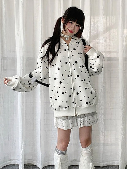 Cute White/Gray Rabbit Ear Zip-Up Hoodie with Star Print Pattern - Solkatt
