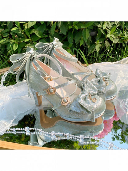 3 Colors Satin Lolita Shoes with Crown Buckle and Bowknot - 8.5cm High Heels - Aimee