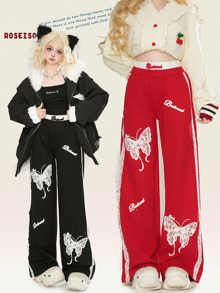 Schwarz/Rote Spitze Schmetterlinge Gerade Bein Schnitt Hose Spitze Trim