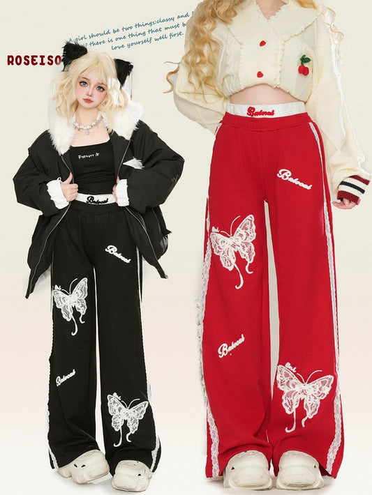 Schwarz/Rote Spitze Schmetterlinge Gerade Bein Schnitt Hose Spitze Trim