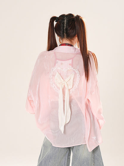 ハートピンク/アプリコットサンプロテクションシャツ フリルバックリボンディテール