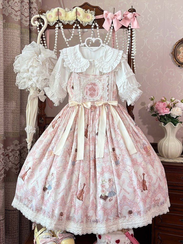 Violin Print and Sweet Waist Lolita Yellow Bunny Light Dress JSK High