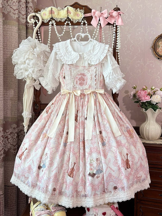 Violin Print and Sweet Waist Lolita Yellow Bunny Light Dress JSK High