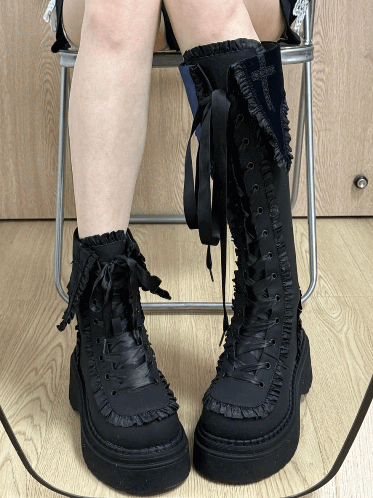 Blue Gothic Boots Trim Inner Lace-up Closure Zip with Front Ruffle Regular/Thicken Black Platform Version Ties