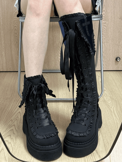 Blue Gothic Boots Trim Inner Lace-up Closure Zip with Front Ruffle Regular/Thicken Black Platform Version Ties