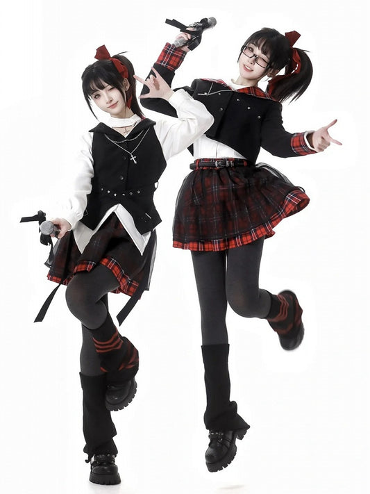 バックル付きスカート メッシュオーバーレイ レッドチェック柄ベルト ヘキサグラム刺繍アイドル