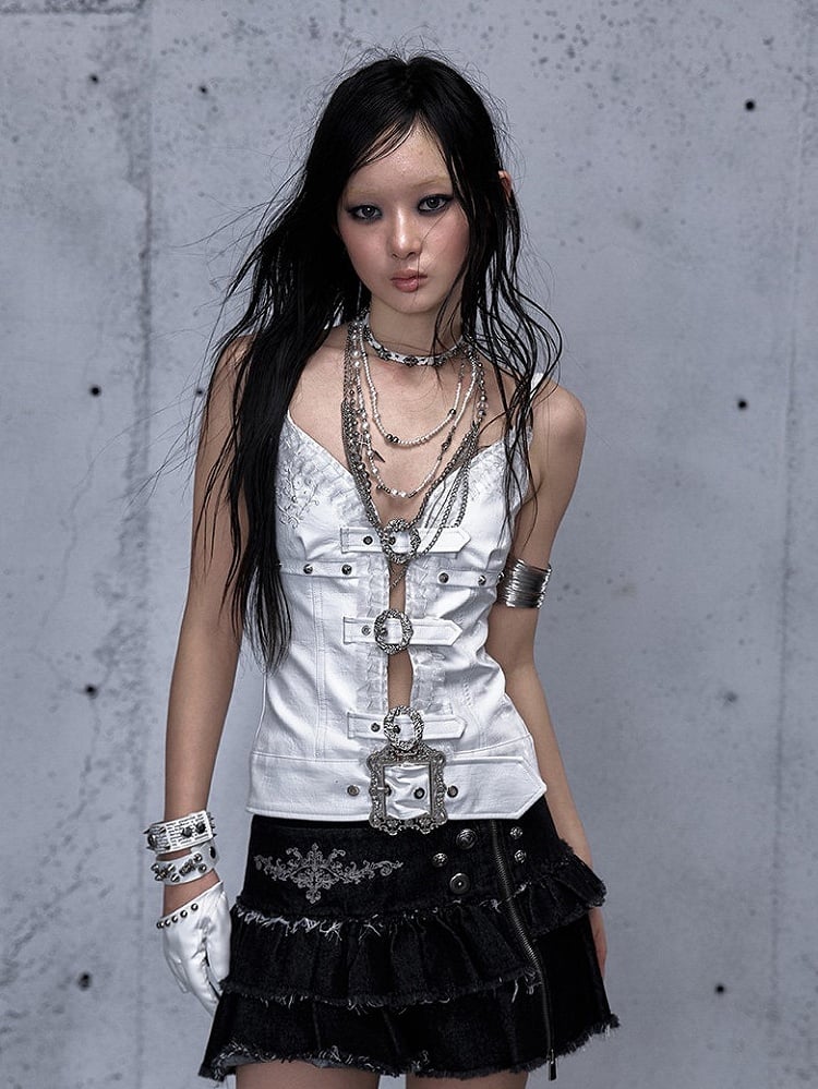 White Rock Studded with Straps Cami Accents Buckle Punk Top