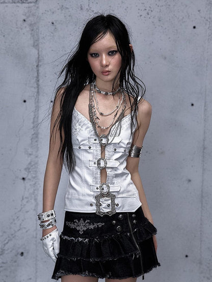 White Rock Studded with Straps Cami Accents Buckle Punk Top