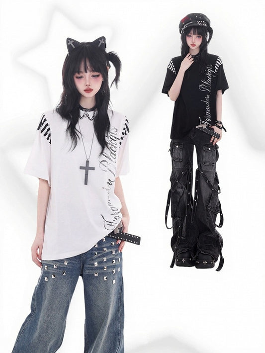 Vintage Kawaii White Round Neck Short Sleeve T-shirt with Faded Letter Print - KNOW8 Online Shop